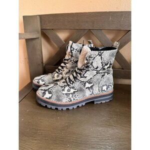 Crown & Ivy NAOMI Snake Print Textile/Fur Trim Lace Up/Zip Ankle Boots Size 7